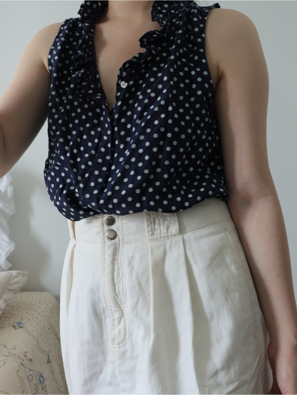 J.Crew Sleeveless Navy Polka Dot Ruffle Neck Top -